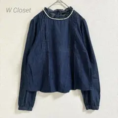 ダブルクローゼット パール付 デニムシャツ 長袖 プリーツ フリル 後ボタン
