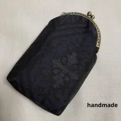 大島紬のがま口ポーチ-handmade-青系