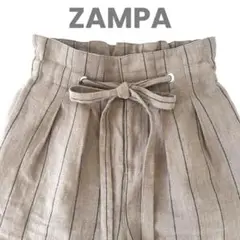 ZAMPAザンパ　リネンパンツストライプ　フロントリボン麻テーパードパンツ