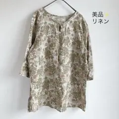 美品✨リネン 麻 ピンタックブラウス 花柄 六分袖 フレアスリーブ 日本製