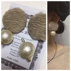 868 2way ベージュ☺︎ニット素材の大ぶりピアス×パール☺︎