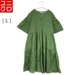 【ユニクロ】⭐膝丈 半袖ワンピース Lサイズ グリーン フレア ゆったり