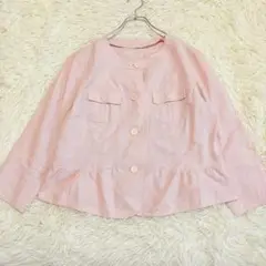 m894 美品✨リネンブレンド薄手ノーカラージャケット L ペプラム 上品