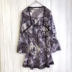 イコノソフィア　シャツ　ブラウス　【M〜L】 紫　花柄　ペイズリー柄　フリル