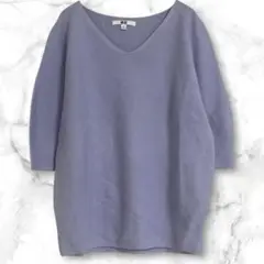 ユニクロ　コットンパフスリーブセーター　5分袖 Vネック　綿　薄手　紫　M 綿