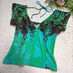 BCBG MAXAZRIA ボタニカル柄デザイントップス グリーンM a3674