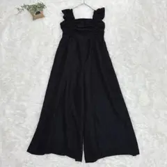 ヘザー 凹凸柄ジャガード オールインワン ワイドパンツ 黒 裏地 小柄 小柄 S