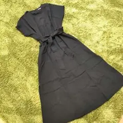 【美品】ネイビー　 半袖 シャツワンピース ウエストリボン付き　Mサイズ相当