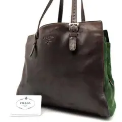 PRADA トートバック 肩掛け オールレザー ロゴ型押し ブラウン ナイロン