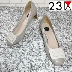 23区 パンチングレザー パンプス スクエアトゥ スクエアバックル 23
