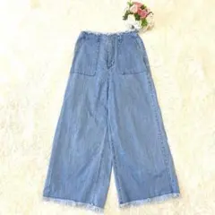 ローリーズファーム【M】ワイドパンツ ボトムス ジーンズ フリンジ裾　カジュアル