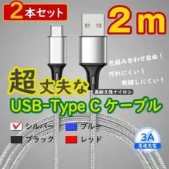 2本銀 2mタイプCケーブル android 充電器 TypeC <FD>