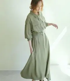 【値下不可】natural couture ミリタリーシャツワンピース　カーキ