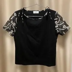 タグなし　未使用　opti ブラック Tシャツ リボン付きレース袖　02-03