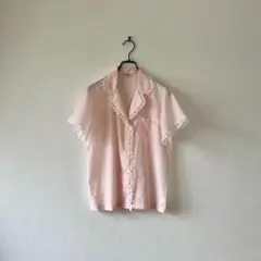 ヴィンテージ アメリカ製 シアーシャツ 半袖 レース フリル レトロ ピンク M