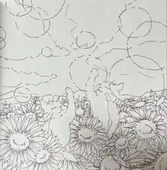 夕陽の中でシャボン玉とあそぶ猫さんinひまわり畑　12×12cm