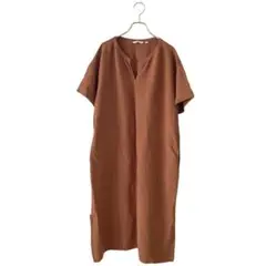 UNIQLO ユニクロ(M)リネンブレンドカフタンワンピース/ブラウン
