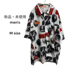 【新品・未使用】men's　柄シャツ　半袖　Mサイズ　白×写真　タグあり