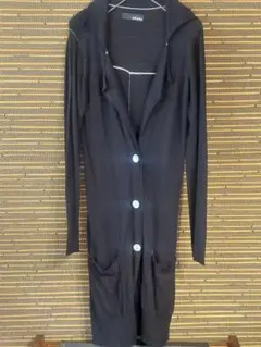 黒いロングカーディガン ⭐貝ボタン付き☆ウエスト紐有り☆フリー☆綿60%⭐薄手