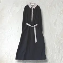 【アールピーエス】ワンピース F ロング丈 ウエストゴム ベルト付 チェック 黒