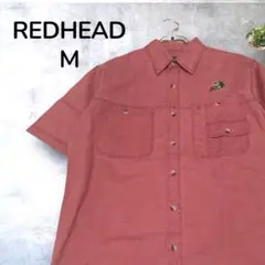 【一点物】REDHEAD 半袖シャツ 胸ブラックバス刺繍 魚 くすみ レッド M