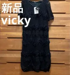 新品vicky 黒半袖レース編みワンピース ビッキー