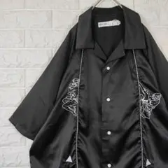 ポリシャツ アート刺繍 サテン 開襟 後 デカロゴ バラ 女神 半袖 L 黒