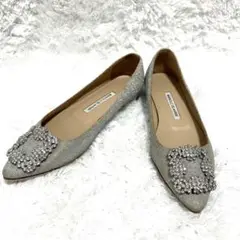 ✨正規品✨ マノロブラニク ハンギシ シルバー ビジュー グリッター フラット