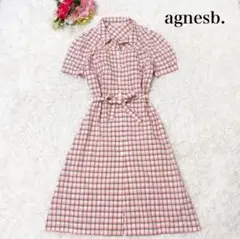 【美品】アニエスベー ひざ丈シャツワンピース　チェック柄　ベルト付き　38