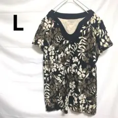 美品★半袖　Tシャツ　花柄　フラワー　グレー　Ｆ　海外　ＵＳ古着