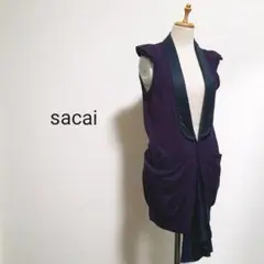 sacai サカイ ショールカラー デザインニットベスト ジレ 紫×黒 1