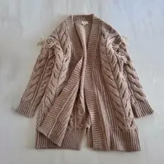 BEAMS ロング　ケーブルニット　羽織り　コート　ベージュ　フリンジ