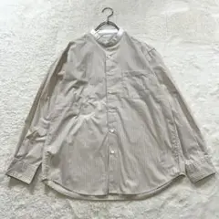 r2659【ジーユー】M ストライプ ベージュ×白 シャツ ノーカラー 春秋