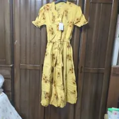 ケティ ひまわり柄 イエロー ロングワンピース M