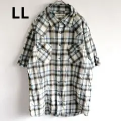 7987【美品】チェック柄半袖シャツ　スナップボタン　大きいサイズLLフルボタン