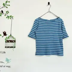 GUジーユー/ボーダー ワッフルTシャツ 半袖 ブルー 綿100% M