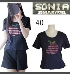 ソニアリキエル Tシャツ 40 黒 リンゴ　ラインストーン　半袖　黒　ストレッチ