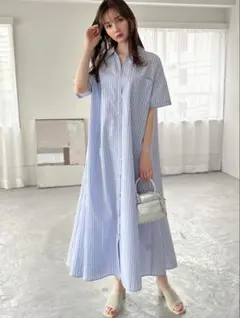 ストライプ柄バックレースアップフレアシャツワンピース[fo1921