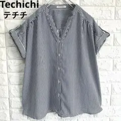 Techichi　テチチ　Vネック　ストライプ　半袖シャツ　ボタン付き