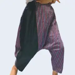 ゆったりサルエルパンツ　綿ストライプ生地＋黒の正絹着物生地　ハンドメイド