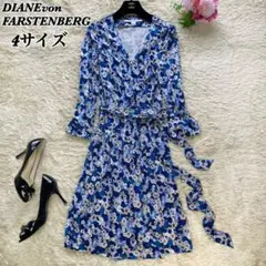 未使用級✨DvF シルク100% ラップワンピース ドレス 総柄 ブルー 青 4