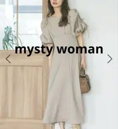 mysty woman パワショルジャガードワンピース　ベージュ