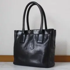 HIROFU トートバッグ 肩掛け可 ブラック レザー ロゴ型押し