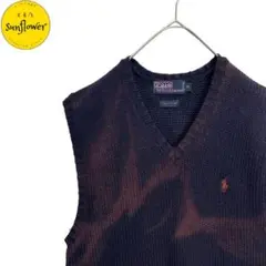 【Ralph Lauren 紺 ニット ベスト ボロ ダメージ 個性的 古着】
