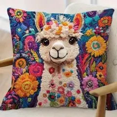 再入荷新品 クッションカバー 刺繍風 プリント カラフル アルパカ動物 45cm