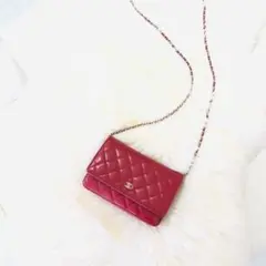 シャネル ラムスキン チェーンウォレット レッド シルバー金具 ショルダーバッグ
