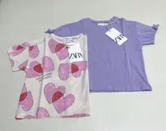 新品未使用タグ付き Zara ハート柄 パープルパフ袖Tシャツ2枚セット 98