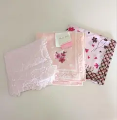 ピンクハンカチ3点セット　花柄　タオル地　レース　未使用