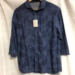 新品未使用□涼しい　麻混　七分袖シャツ　L ネイビー　麻　かりゆし