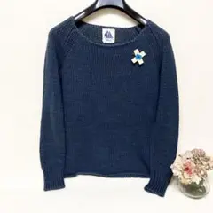 オノレhonoré ダークブルー ニット セーター Fサイズ ブローチ付き 綿麻